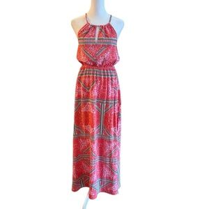 MINKPINK Boho Maxi Dress  Size Extra Small – Halter Neck Red Geometric Print